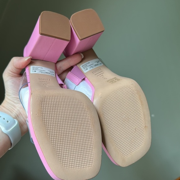 Schutz Ariella Pink Rosa PVC Block Heel Y2K Sandal Open Toe Clear Straps New - Picture 9 of 17
